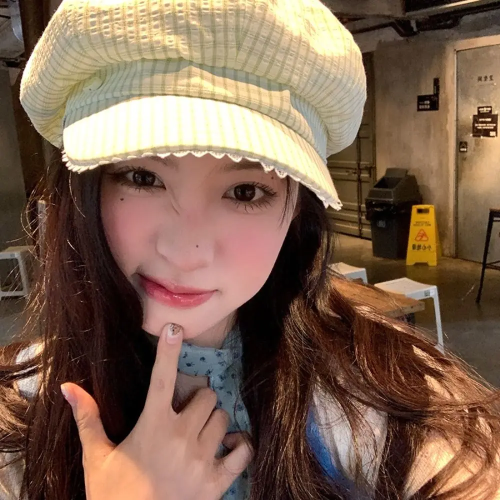 

Vintage Spring Summer Plaid Berets Y2k Thin Newsboy Caps Lace Brim Casual Octagonal Hat for Women