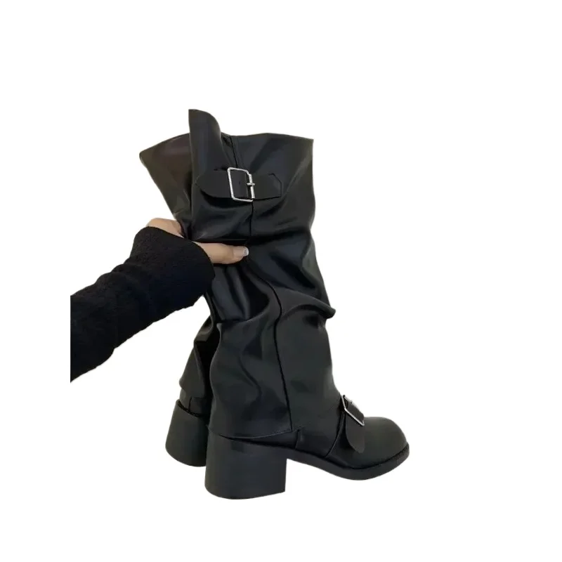 

Fashion Women's Shoes Motorcycle Footwear Woman Boots Knee High Platform Chunky Heels Trend Punk Gothic New Rock Leather