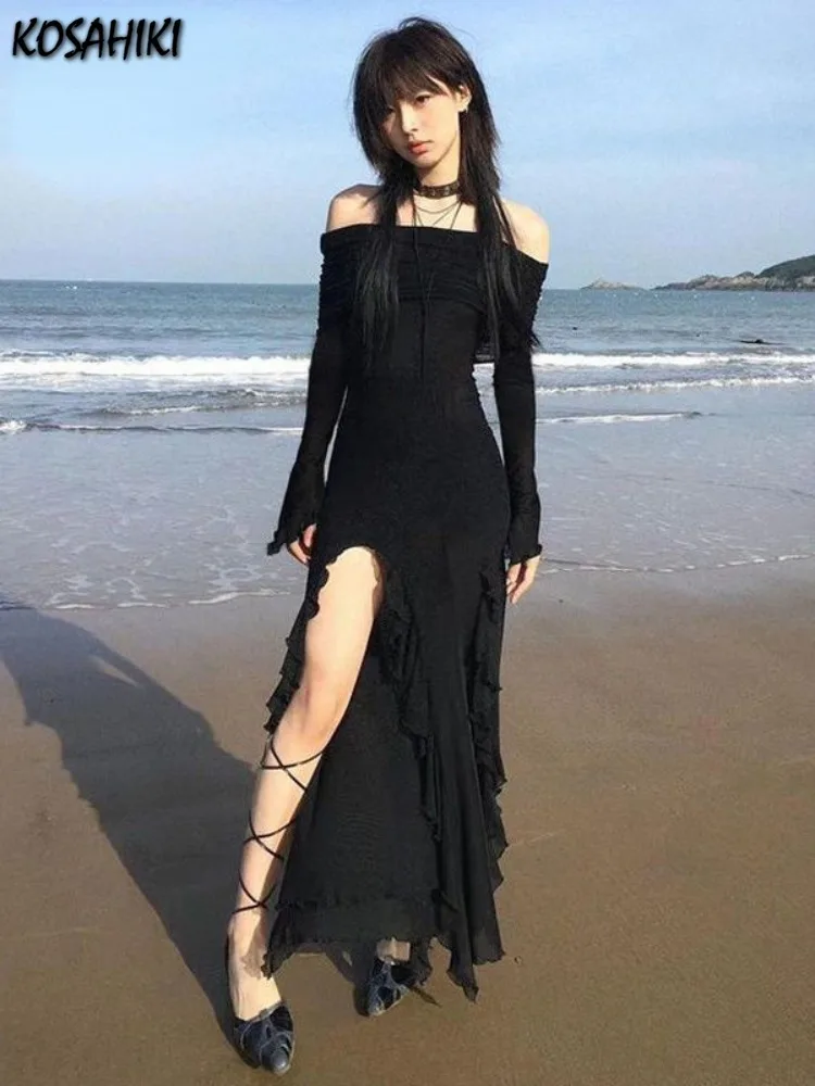 2024 Spring Streetwear Irregular Vintage Dresses Grunge Y2k Aesthetic Split Ruffled Vestido Slim Fit Harajuku Woman Black Dress