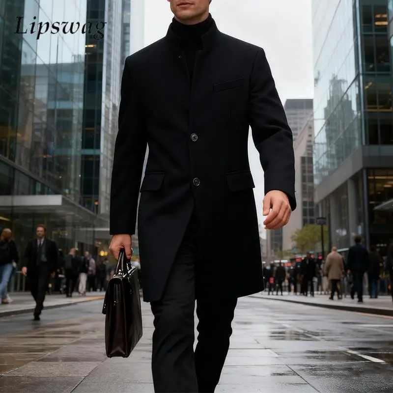 

Fall Winter Thickened Woolen Jackets Men Fashion Stand Collar Single-breasted Jacket Coats Mens Stylish Solid Color Overcoats