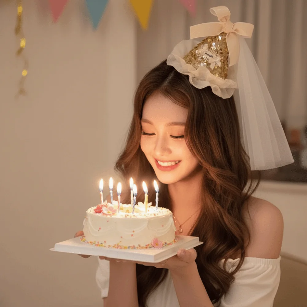 

Lovely Sequin Birthday Hat Hairpin Velvet Lace Sequined Hat Mesh Korean Hair Accessories Birthday Cap Girls