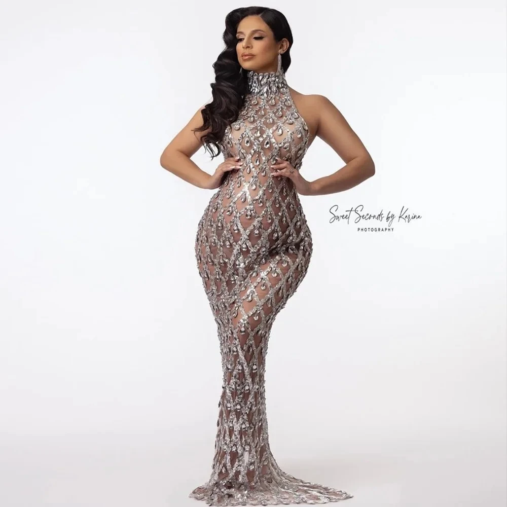 

2024 Sexy Tulle Crystals Maternity Photo Shoot Dress Luxury Sequins Rhinestone Bodycon Dress For Pregnancy Photography