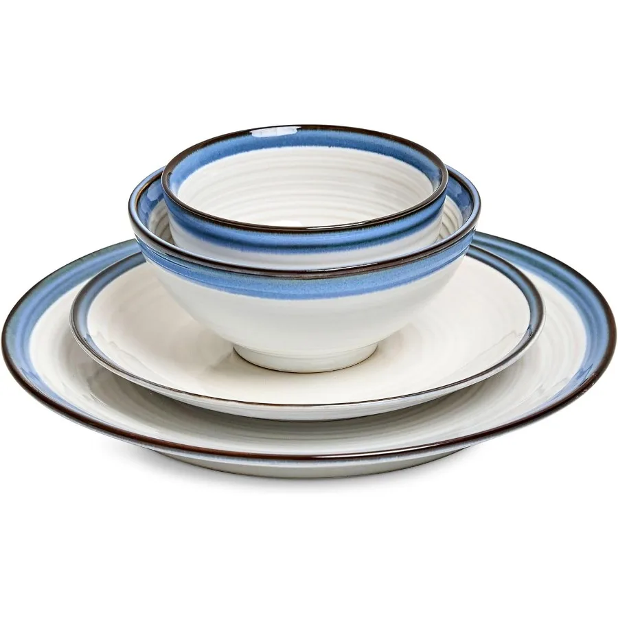 Conjunto de louça de grés Siterra de 16 peças para 4 conjuntos de pratos e tigelas brancas de cerâmica com borda azul resistente a lascas de esmalte reativo