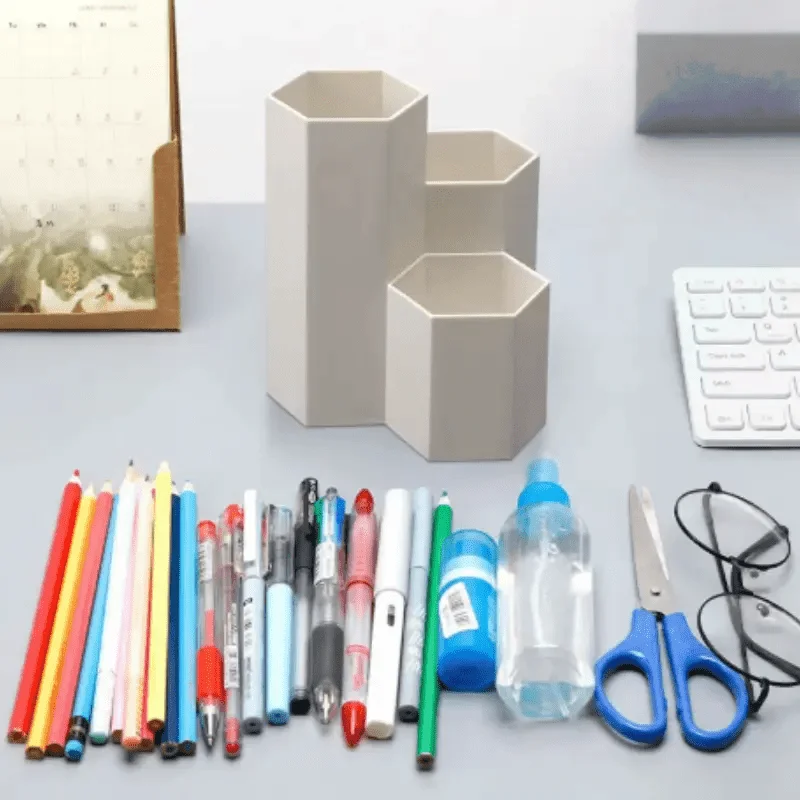 3-Grid Hexagonal Modular Pen Cup, Plastic Desk Stationery Organizer, Minimalist Desktop Storage for Home Study Office