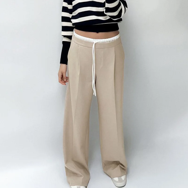 ZHUISHU 2024 Women Fashion Vintage Solid Straight Pants Side Zipper Drawstring Casual Trousers Spring New Female Wide Leg Pants