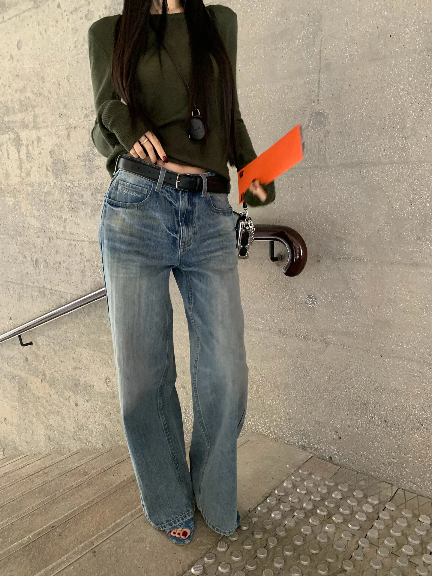 

Fbblimit Deconstructed Design Heavyweight Washed Embroidery Straight Leg Wide Leg Jeans Casual Cotton Ladies Jeans