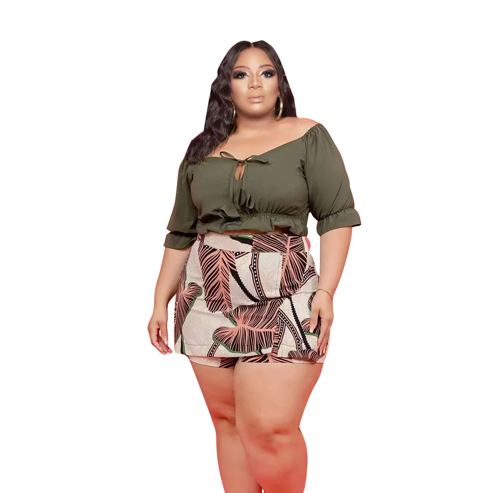 Plus Size Women Clothing Summer Outfits Sexy One Word Shoulder Crop Top and Culottes Two Piece Set Wholesale Dropshipping