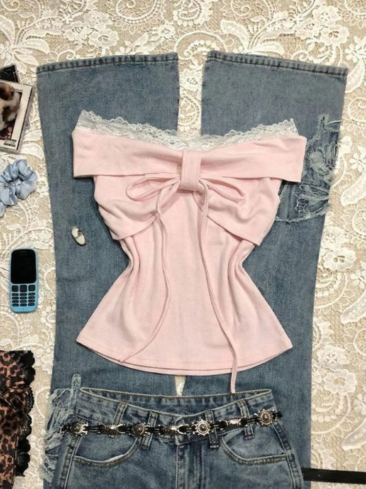 Japanese Sweet Short Sleeve Slim Tops Women Elegant Chic Bow Off Shoulder Solid T-Shirt Cute Pretty Skinny Pink Lace Up Pullover