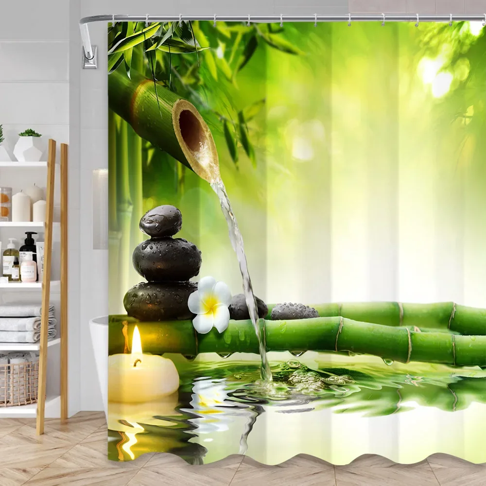 Green Bamboo Zen Shower Curtains Set, Spa Stones and Orchids Flowers Polyester Fabric Bath Curtain with Hooks Bathroom Decor