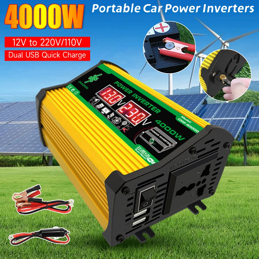 

Портативный автомобильный инвертор: преобразователь напряжения DC12В в AC110/220В, 4000Вт, модифицированная синусоида, USB-порт