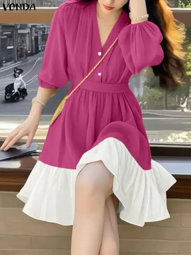 

Плюс размер 5XL VONDA модные платья женские пышные рукава с v-образным вырезом и рюшами мини-сарафан элегантный офисный женский лоскутный платье с поясом Vestidos