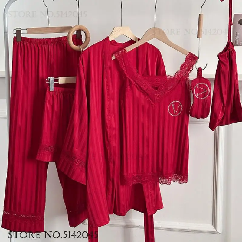 Bride Wedding Robe Pajamas Set Burgundy Stripe Lace Kimono Bathrobe Gown Sexy Lace Intimate Lingerie Loose Sleepwear Homewear