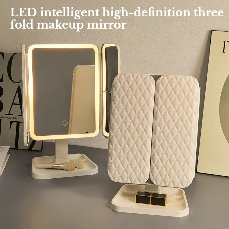 LED Three Fold Intelligent Charging High-definition Makeup Mirror Rotating Fill Light Mirror Advanced Home Decoration Mirror