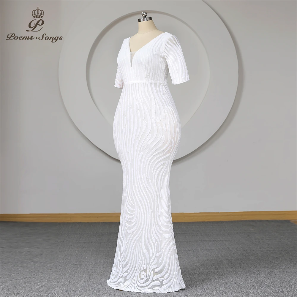 Plus Size Trumpet Evening Dress With Half Sleeves Mermaid White Sequins V Neck Women Long Party Dresses Formal Gown Maxi dress