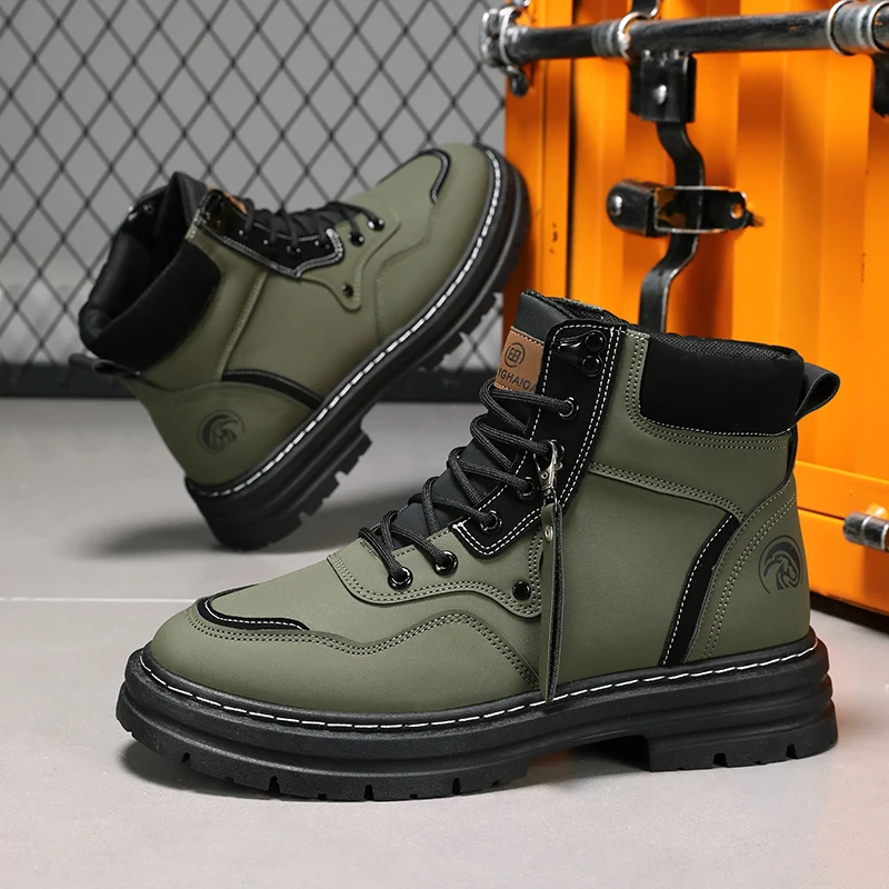 Autumn Winter Biker Boots For Men Fashion Casual Men's Motorcycle Boots Comfy Leather Ankle Boots Lace-up High Top Working Shoes