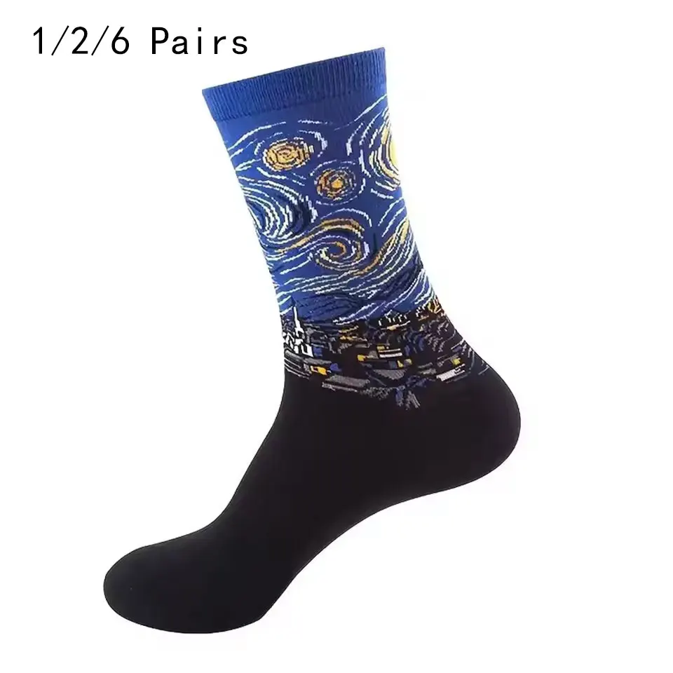 1/2/6 Pairs Men Retro Abstract Art Socks Shout Modern Van Gogh Starry Night Happy Oil Painting Comfort Skateboard Sock