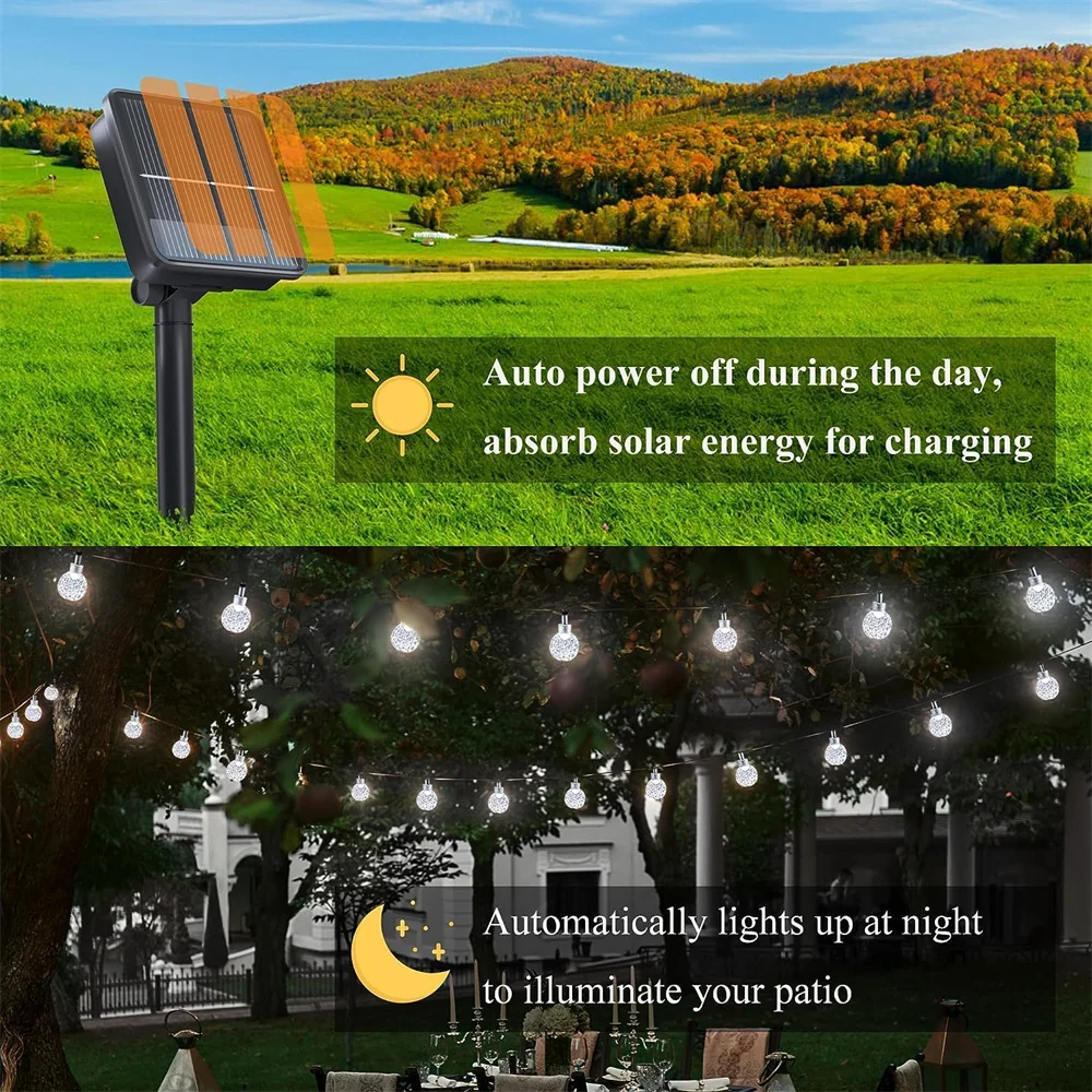 Solar Powered String Lights para Pátio, Bola de cristal ao ar livre, Jardim Lights, Yard Porch 396