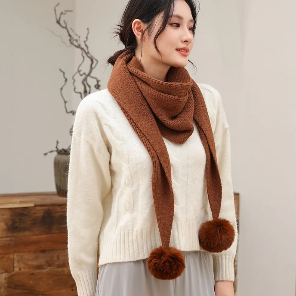 

New Soft Knitted Triangular Scarf Windproof Coldproof Shawl Stripe Pompom Neck Warmer Autumn and Winter