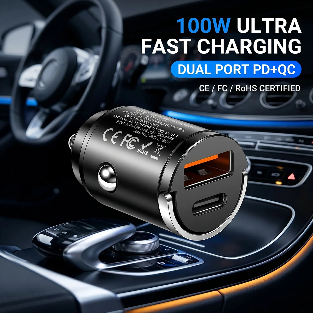 Carregador de Carro Mini 100W com Porta Dupla PD Tipo C e USB A QC, Adaptador de Carregamento Rápido com Anel de Puxar Discreto para Veículos 12V 24V