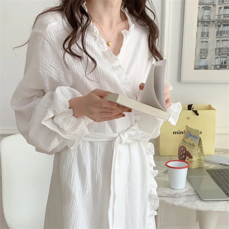 Cotton Bathrobe Women Ruffles Long Sleeve Korean Sweet Kimono Robe Elegant Spa Lady Spring Autumn Home Dressing Gown Pajamas