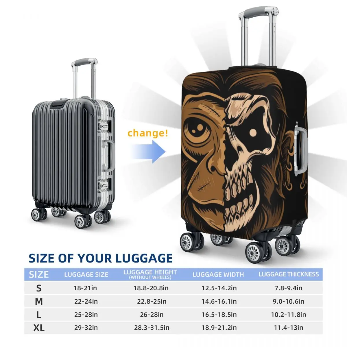 Monkey Skull Head On Black Background Print Luggage Protective Dust Covers Elastic Waterproof 18-32inch Suitcase Cover Travel