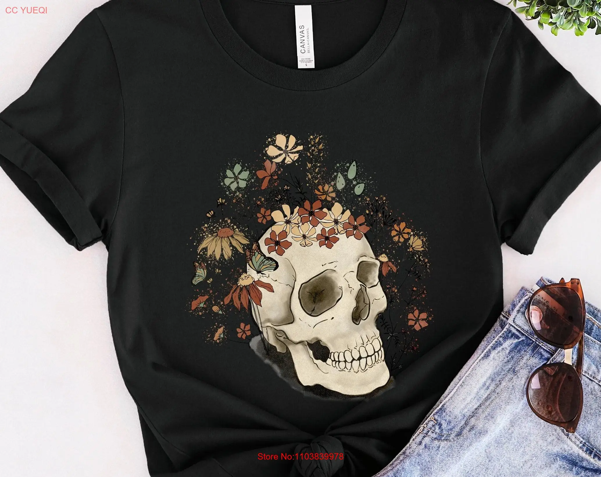 Boho Skull with Flower T Shirt Floral Art Bohemian Style and Chic Design Trendy Fashion for Lovers long or short sleeves