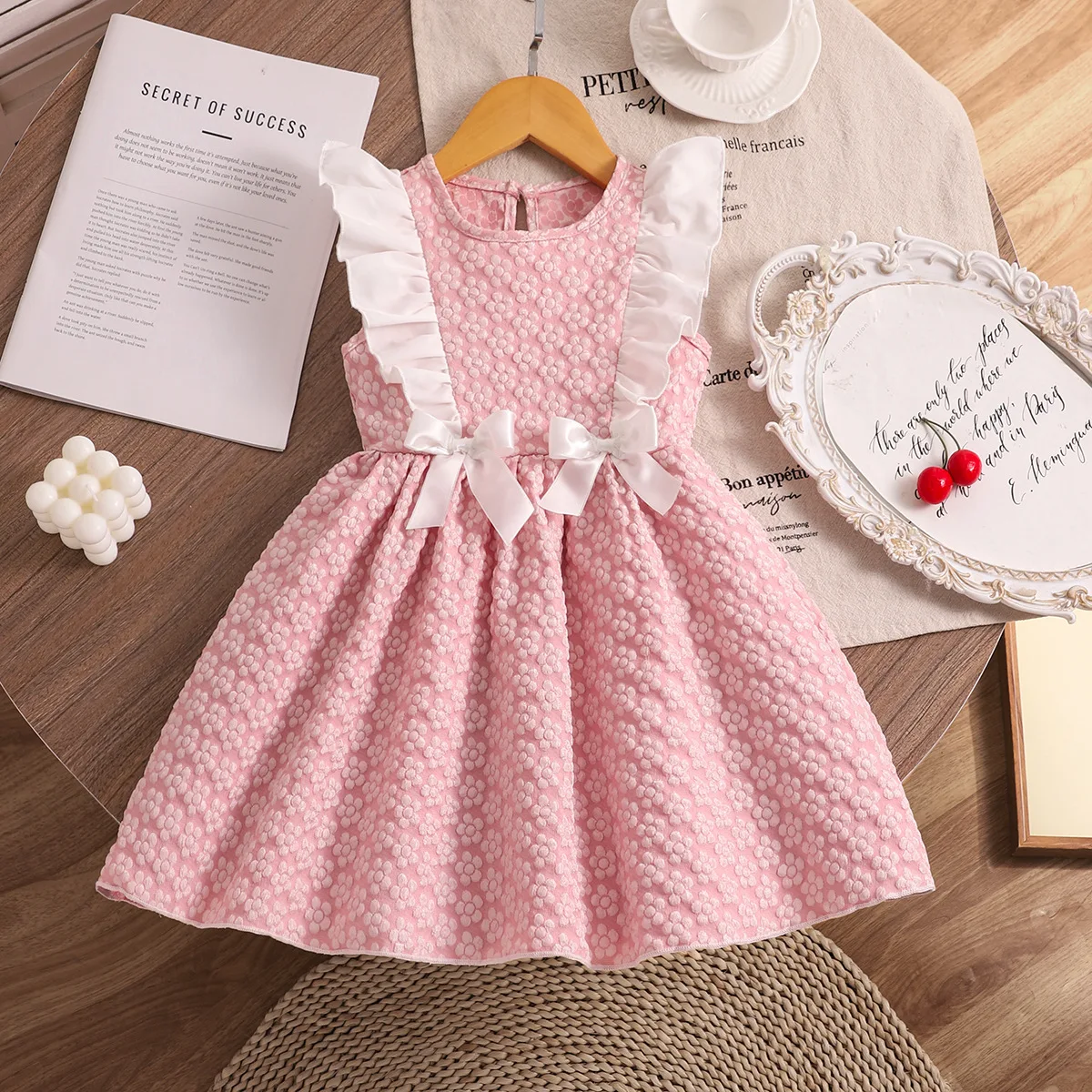 New Arrival Toddler Girl Flower Woven Textured Sundress, Frill Splice Hem With Bow Embellishment, Children Casual Dress 3