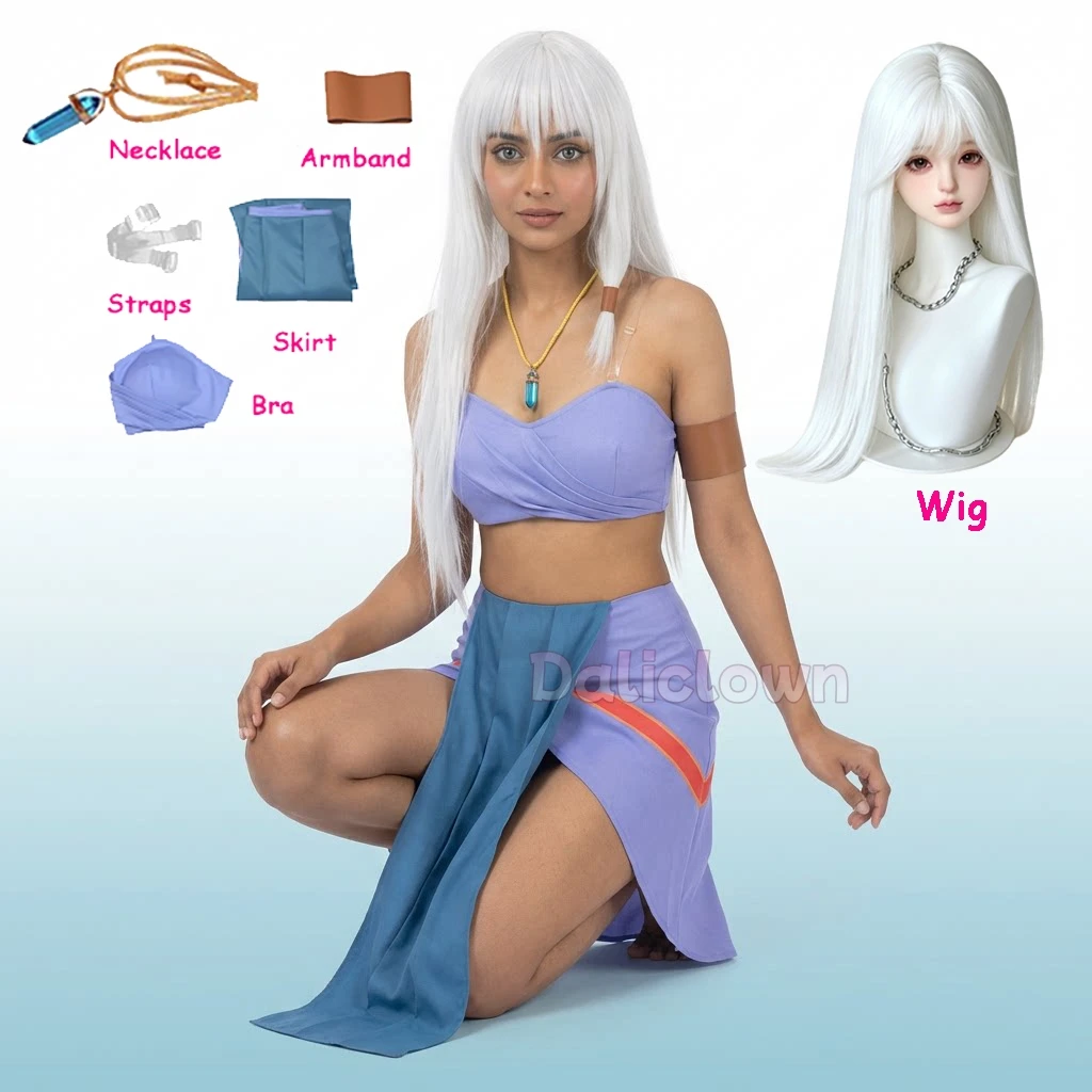 Halloween Prinzessin Kida Atlantis Cosplay Kostüm Perücke Erwachsene Frauen Blaues Langes Kleid Set Mädchen Karneval Party Ausgefallenes Sexy Kleid