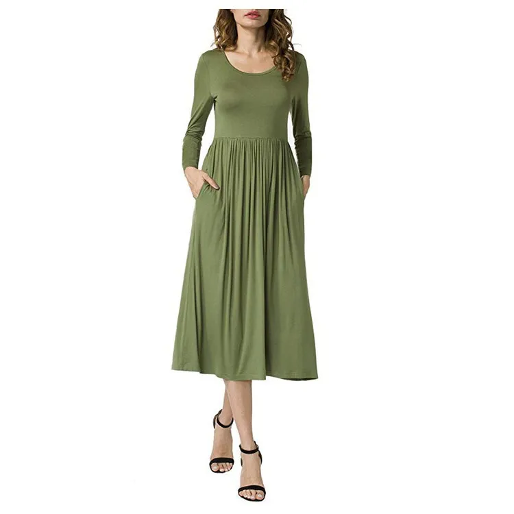 Women's 2024 Long Sleeve Scoop Neck Dress Casual Loose A Line Midi Dresses with Pockets  Maxi Dresses for Women