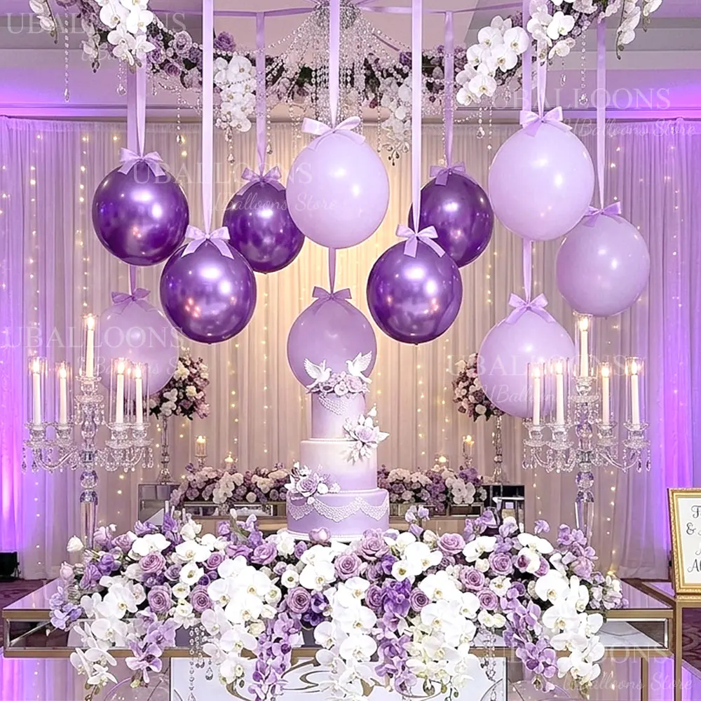 10 Stück 18'' Metallic Lila Luftballons mit Satinband, Hängende Hellpurpurne Ballons für Geburtstag, Hochzeit, Babyparty, Partydekoration – Detail 5