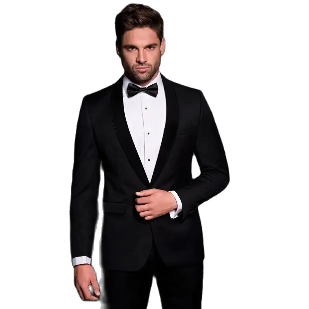 Black Velvet Shawl Lapel Men Suits 2 Pieces Fashion Handsome Gentleman Wedding Set Elegant Party Prom Male Slim Clothing