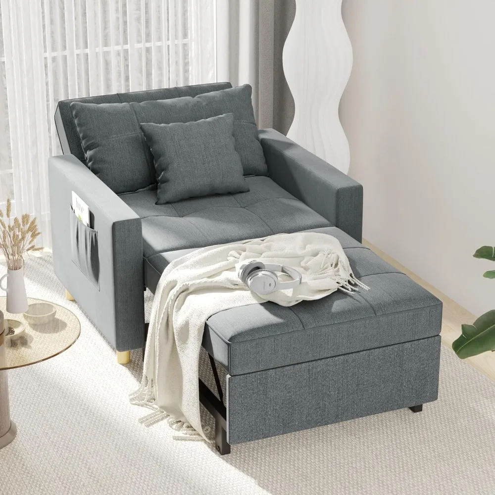 Sleeper, Single Sofa Bed w/Adjustable Backrest, 2 Pillows, Side Pockets, Upgraded Memory Foam Armchair, Apartment, Office