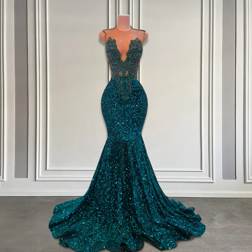 

Dazzling Teal Sequin Formal Party Prom Gowns 2025 Sparkle Beaded Bodice Mermaid Black Girls Luxury Green Prom Dresses Customized