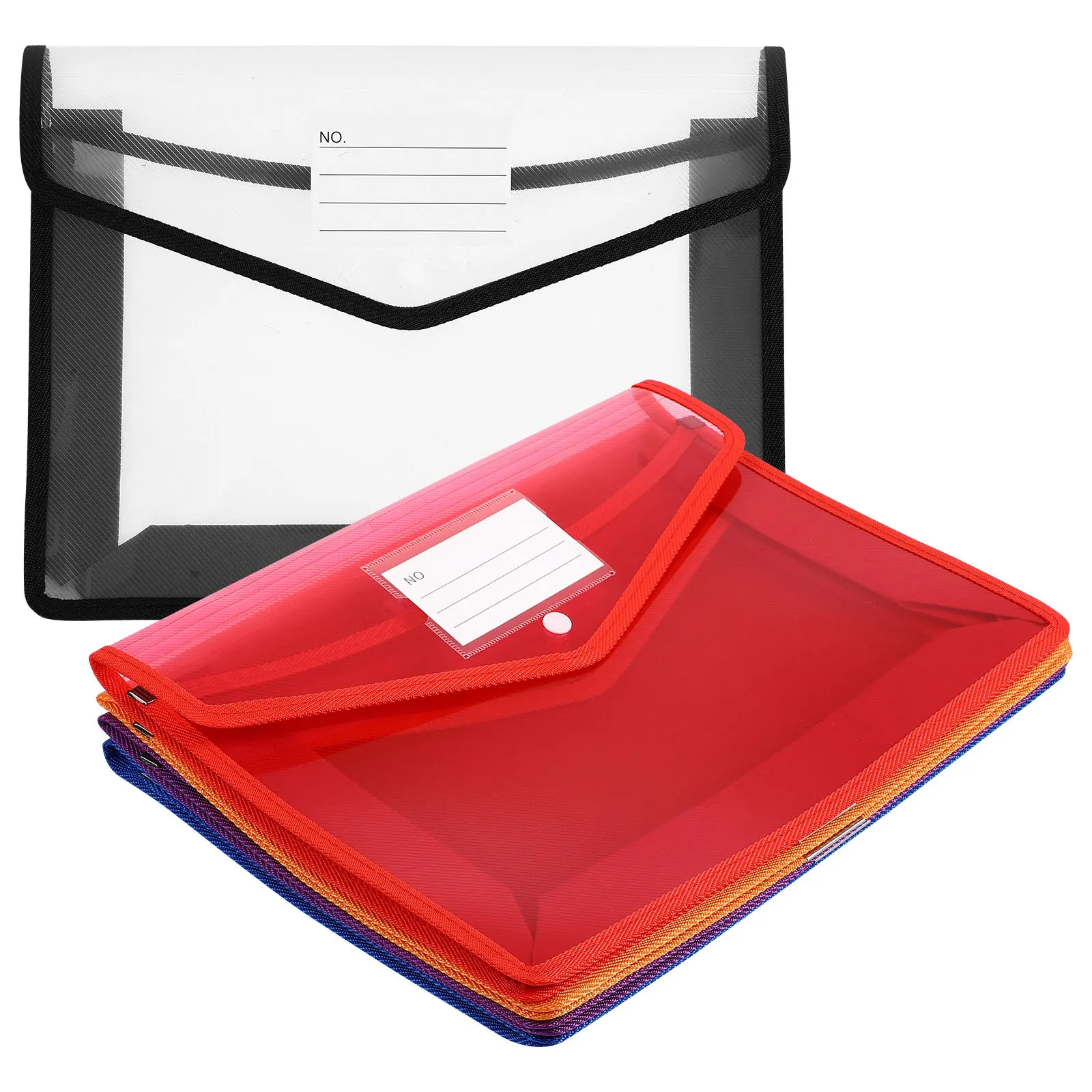 5개 플라스틱 파일 폴더 클리어 백 스냅 버튼 클로저 라벨 포켓 A4 문서 홀더 스토리지 오거나이저 클리어 백