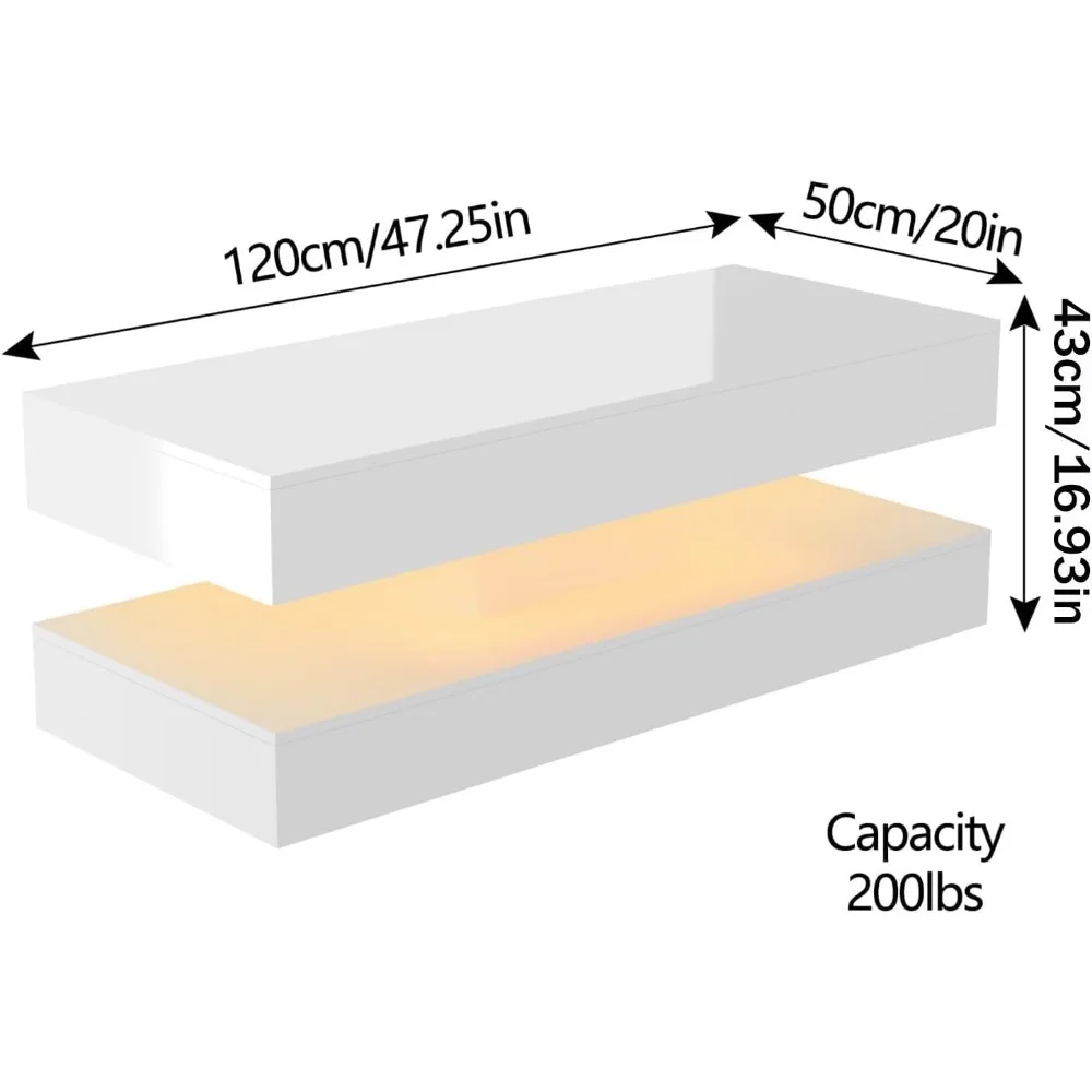 طاولة قهوة LED عالية اللمعان مقاس 47.3 بوصة مع درجين للتخزين، وطاولة قهوة حديثة باللونين الأبيض والأسود في غرفة المعيشة وغرفة المعيشة #2