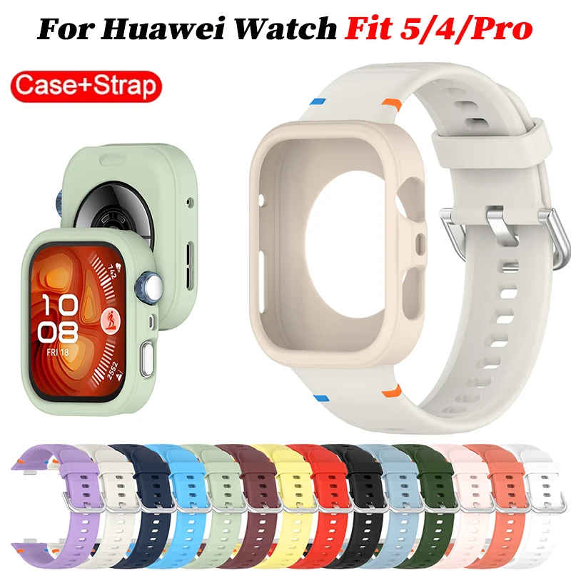 Silicone Band Replacement - เคสแบบนิ่ม+สายซิลิโคนสำหรับนาฬิกาหัวเว่ยฟิต 5 โปร 5 สายรัดข้อมือแบบสปอร์ตสำหรับหัวเว่ยฟิต 4
