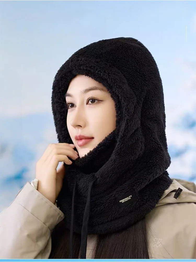 AliExpress Winter Windproof Thermal Hooded Beanie Outdoor Cycling Fleece-lined Hooded Sweatshirt With Neck Warmer And Scarf In One