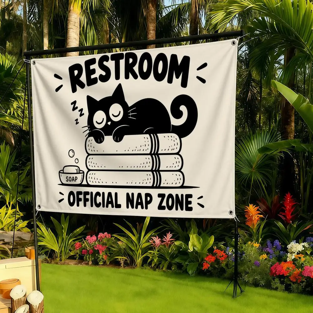 Cartoon Funny Cat Bathroom Session Flags Banner flag, wall hanging, indoor outdoor decor, yard patio wall art