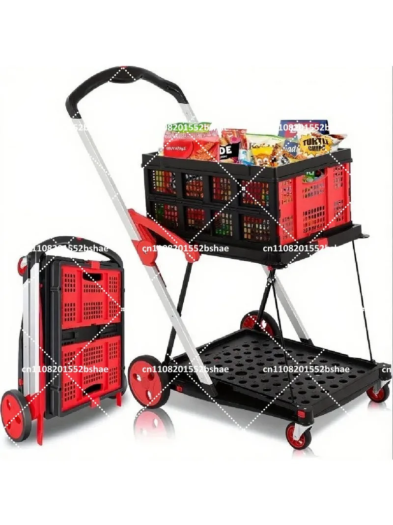 Heavy Duty Utility Cart 2-Tier Collapsible Shopping Cart with Baskets Multi Use Foldable Grocery Cart