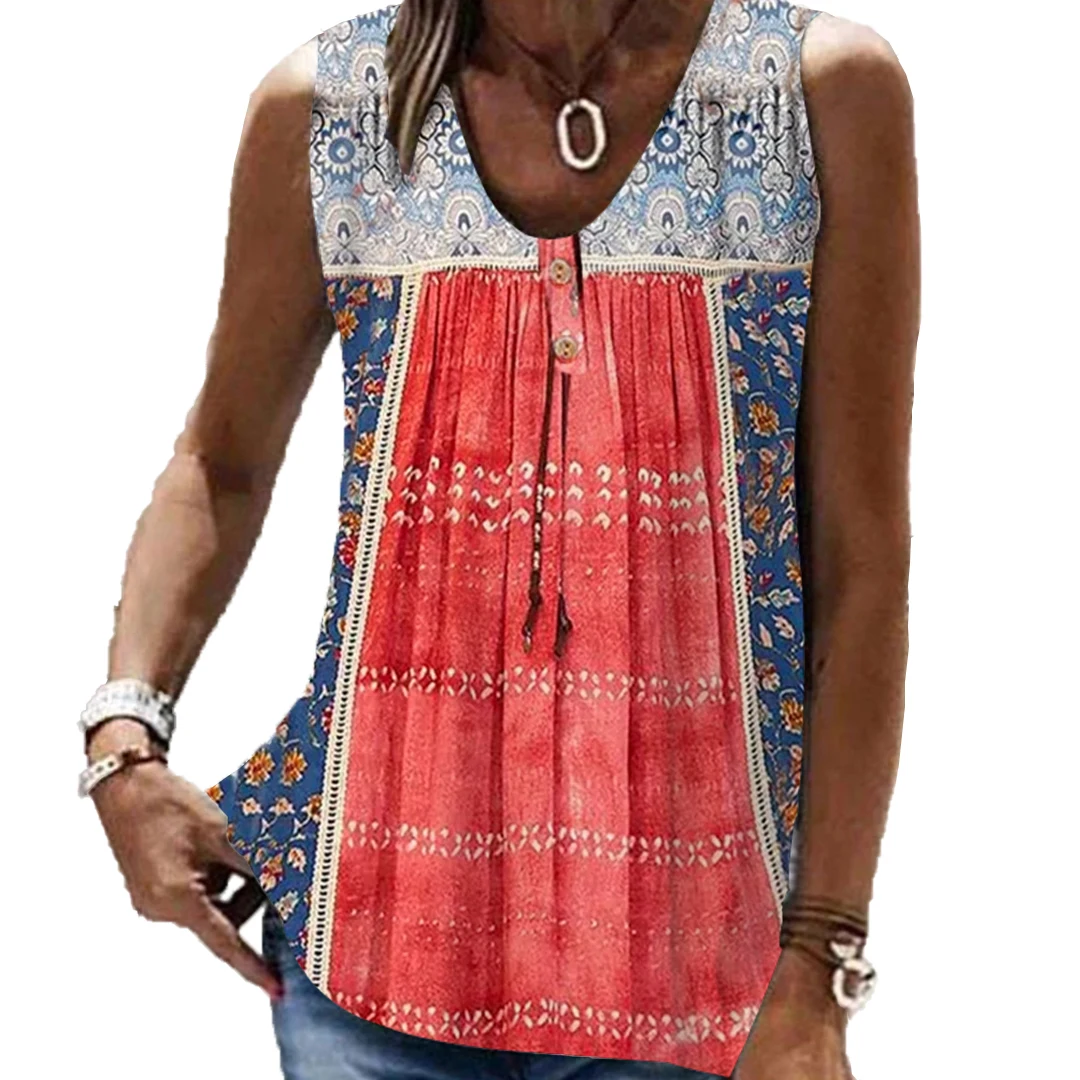 Plus Size Women Sleeveless V-neck Floral Printed Button Top