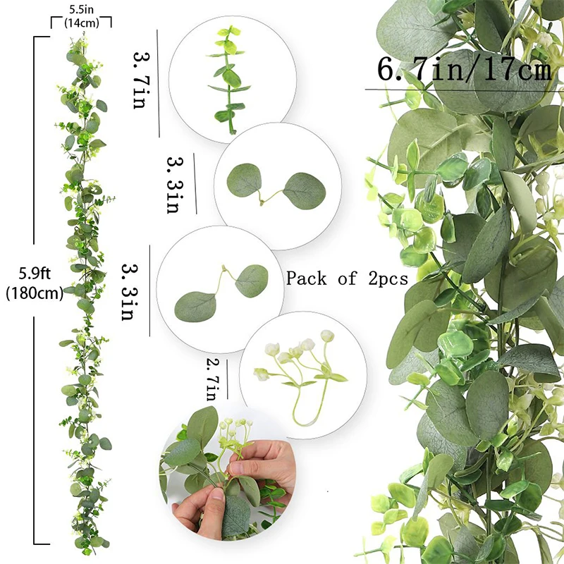 180CM Artificial Eucalyptus Leaves Greenery Garland Plant Spring Vines with White Flowers Berries for Wedding Home Party Decor