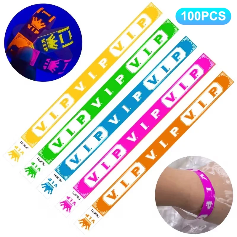 {MX} 100 Stück VIP Neon-Armbänder aus fluoreszierendem Papier, wasserdichte Einweg-Armbänder für Partys, Musik, Festivals und Veranstaltungen – Detail 1