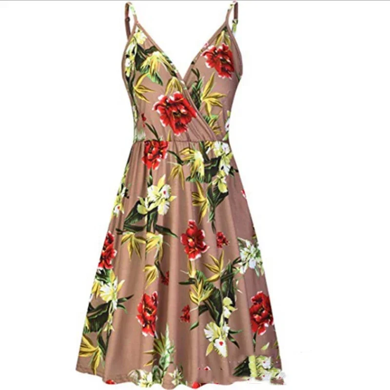 Vestido estampado de verão feminino com suspensórios, sexy decote em v, cintura alta, vestido plissado, boêmio, feriado à beira-mar, vestido de praia