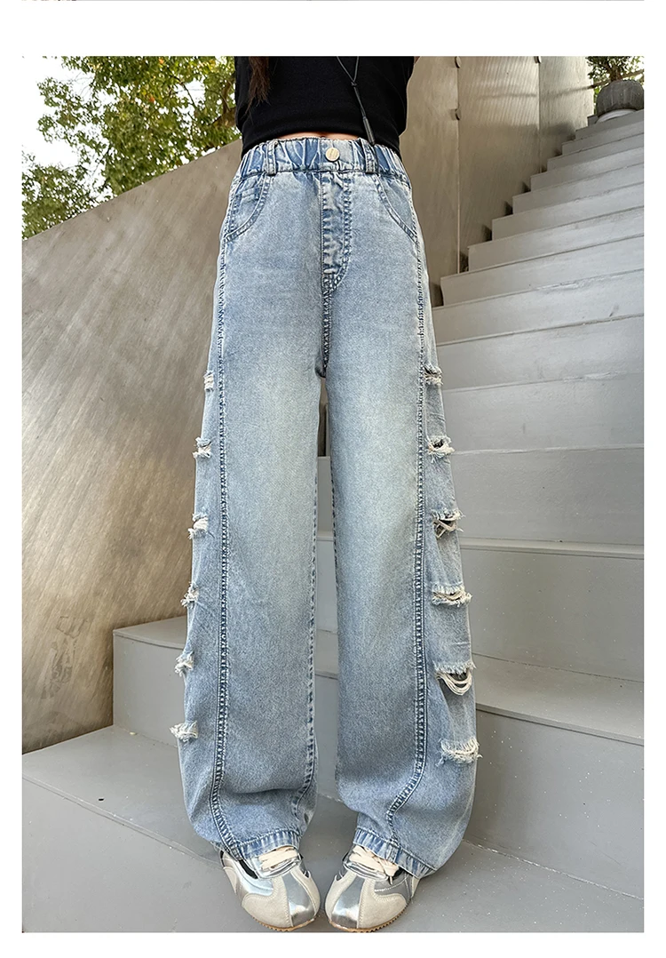 Jeans für Teenager-Mädchen mit seitlichen Löchern, lässige Mode, Sommer, Kinder, weites Bein, zerrissene Jeanshosen, Schulhosen aus Denim, 10-12 Jahre – Detail 7