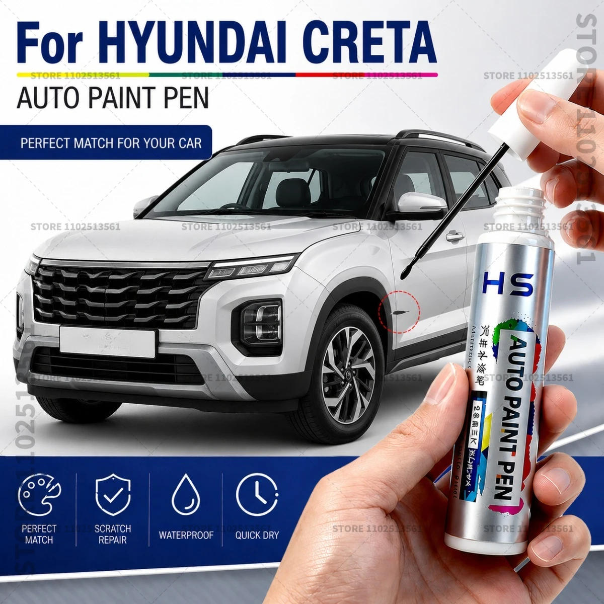 For 2014-2025 Hyundai Creta Blue Black White Silver Ranger Khaki Car Paint Repair Pen Restores Original Factory Paint Finish