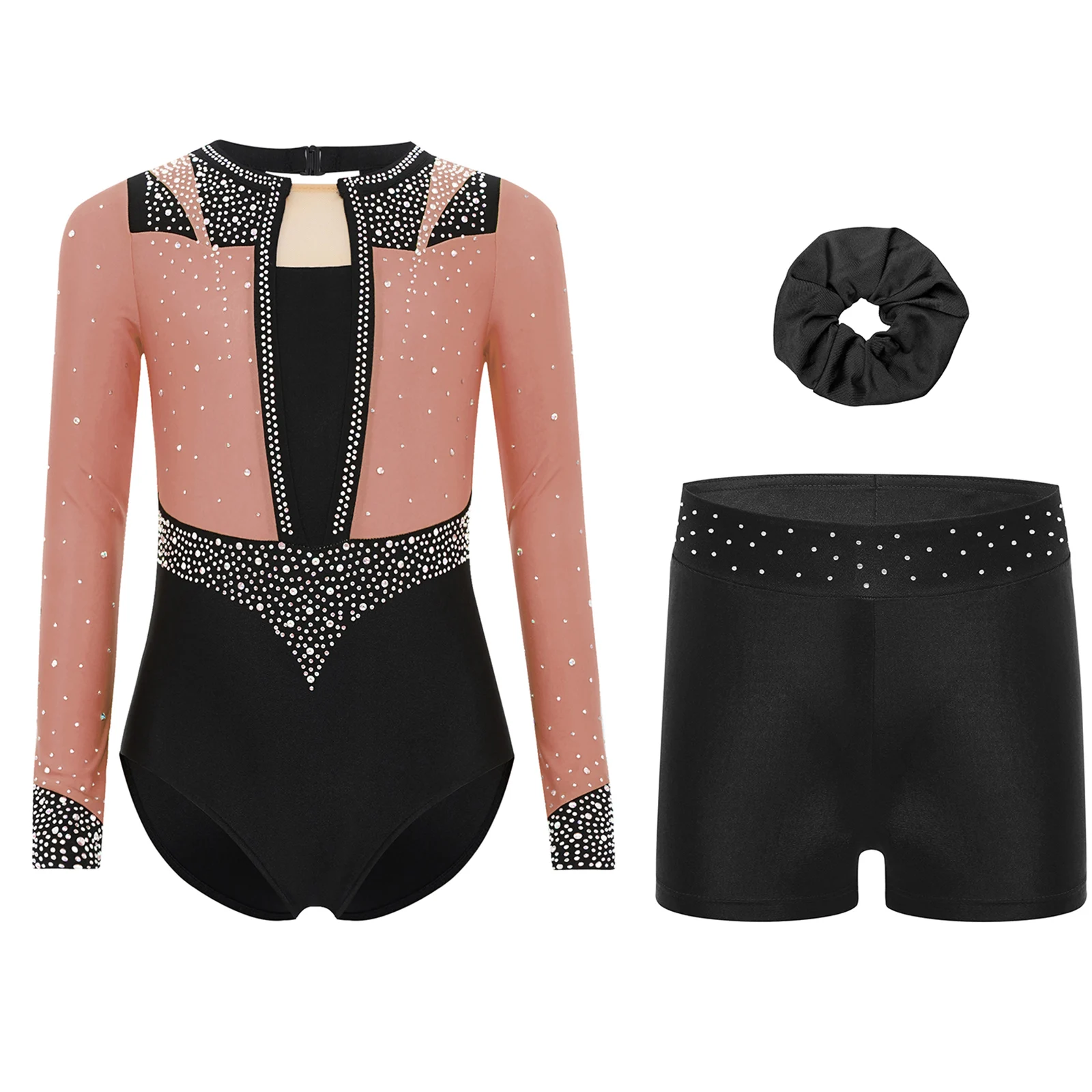 

Kids Girls Gymnastics Figure Ice Skating Dance Outfit Shiny Rhinestones Sleeve Keyhole Back Leotard+Shorts+Hair Band 3Pcs/Set