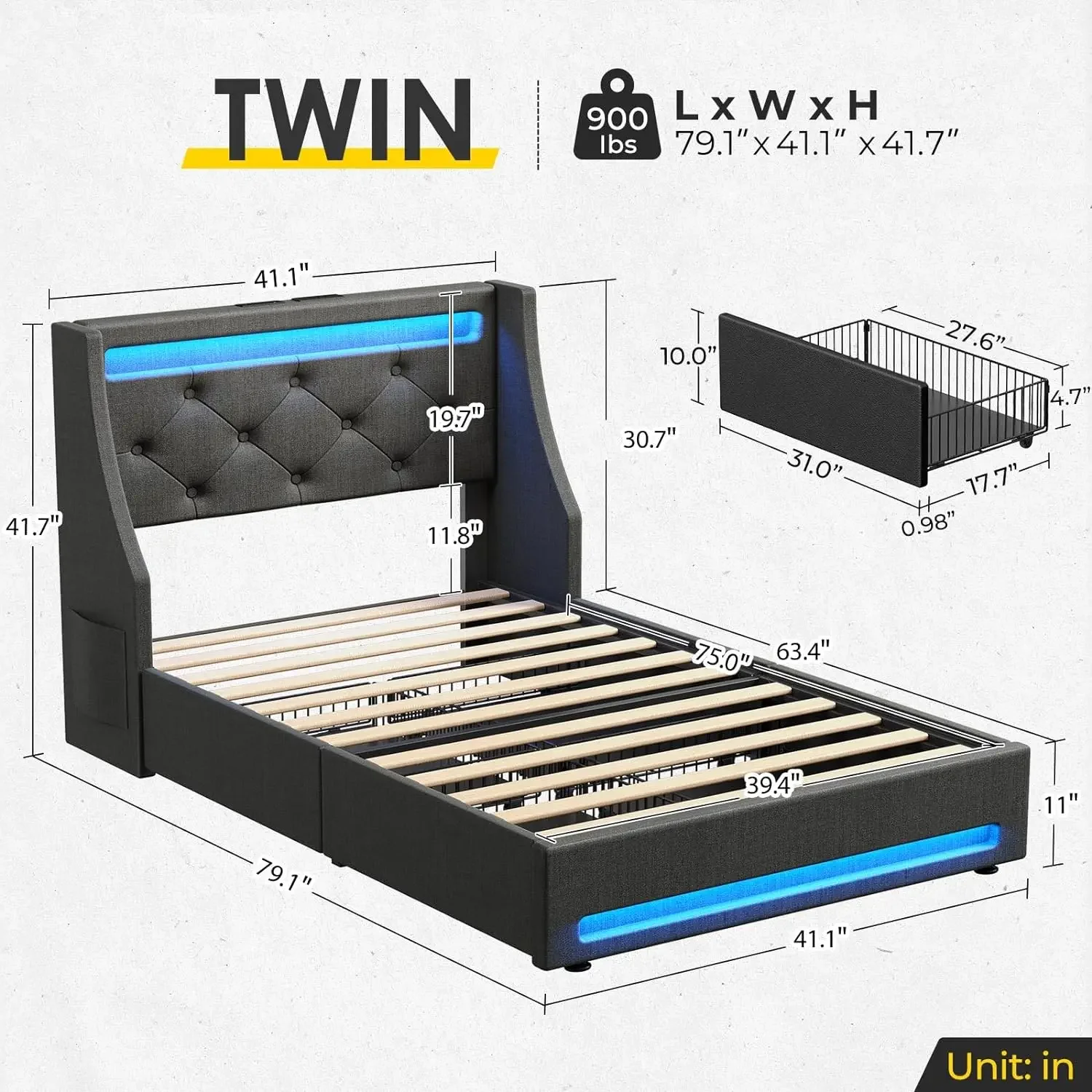 Twin Bed Frame with LED Lights and Charging Station, Upholstered Bed with Drawers,Noise Free,  Easy Assembly,Dark Gray