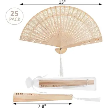 zoofox 25dílné santálové vějíře, dřevěný ruční skládací vějíř se střapci a dárkovými taškami, vintage ruční vějíř na svatební dárky 6 nejlepší prodej dřevěný ruční vějíř - №1