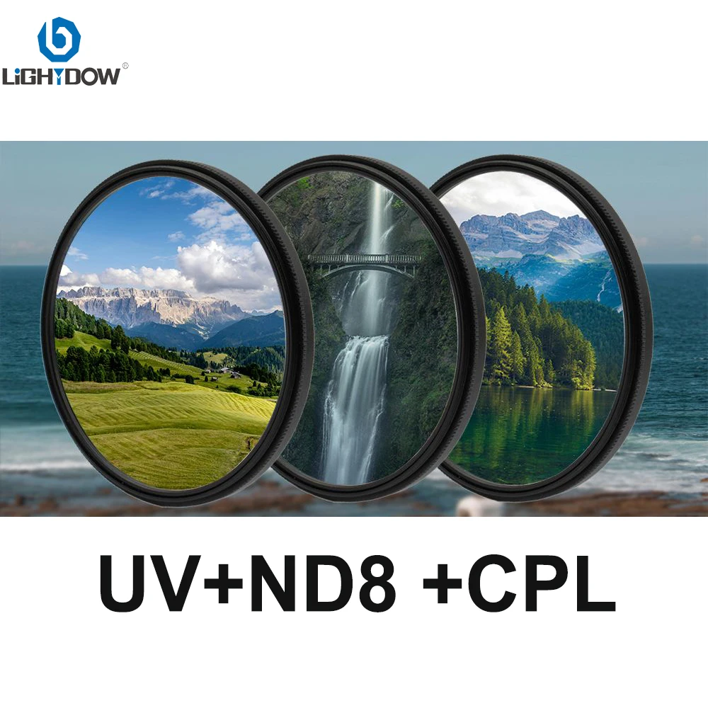 Lightdow Universal UV CPL ND8 3 in 1 Kits Lens Filter 49MM 52MM 55MM 58MM 62MM 67MM 72MM 77mm 82mm for Cannon Nikon Sony Camera