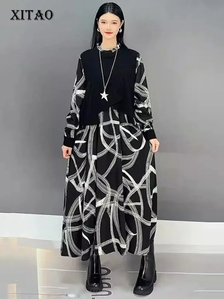 

XITAO Print Patchwork Pullover Women Dress O-neck Long Sleeve Loose Slimming Casual Dresses 2025 Spring New All Match LJ1094